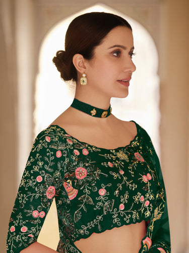 Dark Green Organza Embroidered Saree With Unstitched Blouse Clothsvilla