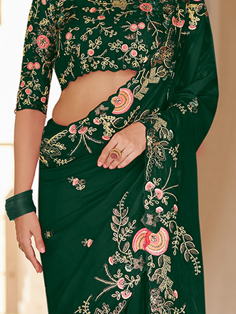 Dark Green Organza Embroidered Saree With Unstitched Blouse Clothsvilla