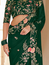 Load image into Gallery viewer, Dark Green Organza Embroidered Saree With Unstitched Blouse Clothsvilla