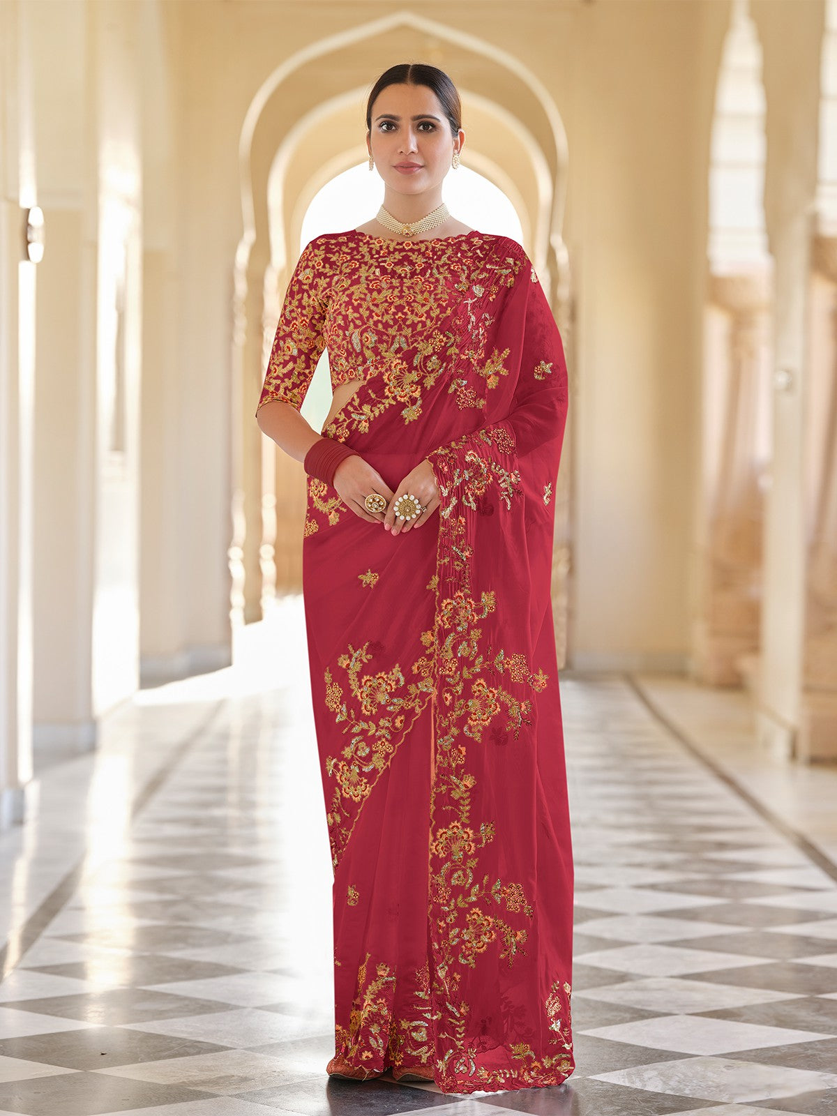 Red Organza Embroidered Saree With Unstitched Blouse Clothsvilla