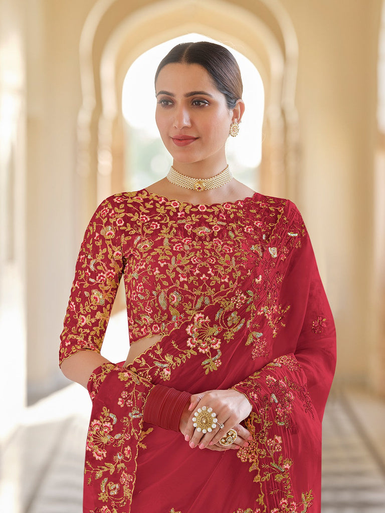 Red Organza Embroidered Saree With Unstitched Blouse Clothsvilla