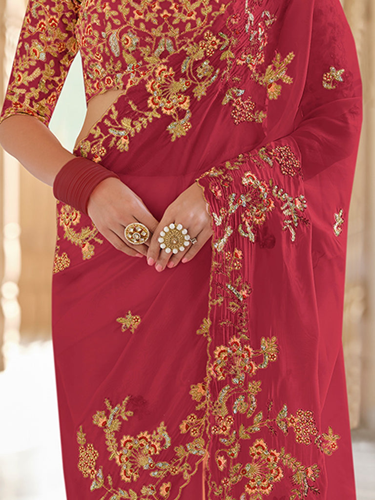 Red Organza Embroidered Saree With Unstitched Blouse Clothsvilla