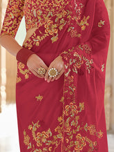 Load image into Gallery viewer, Red Organza Embroidered Saree With Unstitched Blouse Clothsvilla