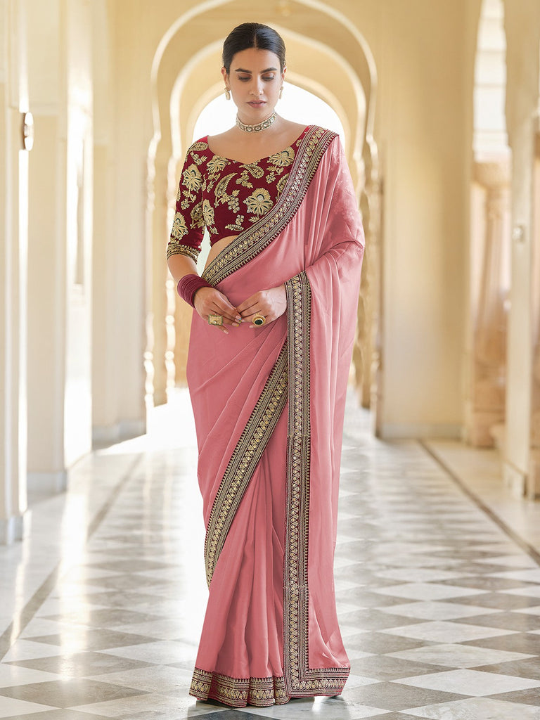 Pink Organza Embroidered Saree With Unstitched Blouse Clothsvilla