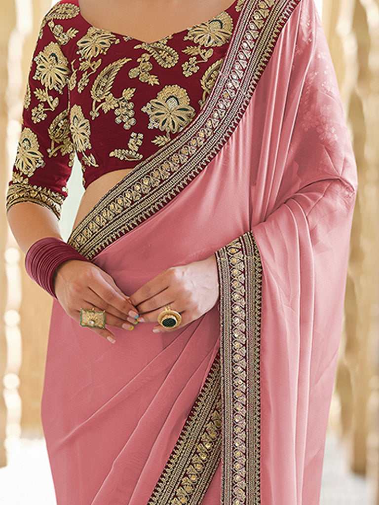 Pink Organza Embroidered Saree With Unstitched Blouse Clothsvilla