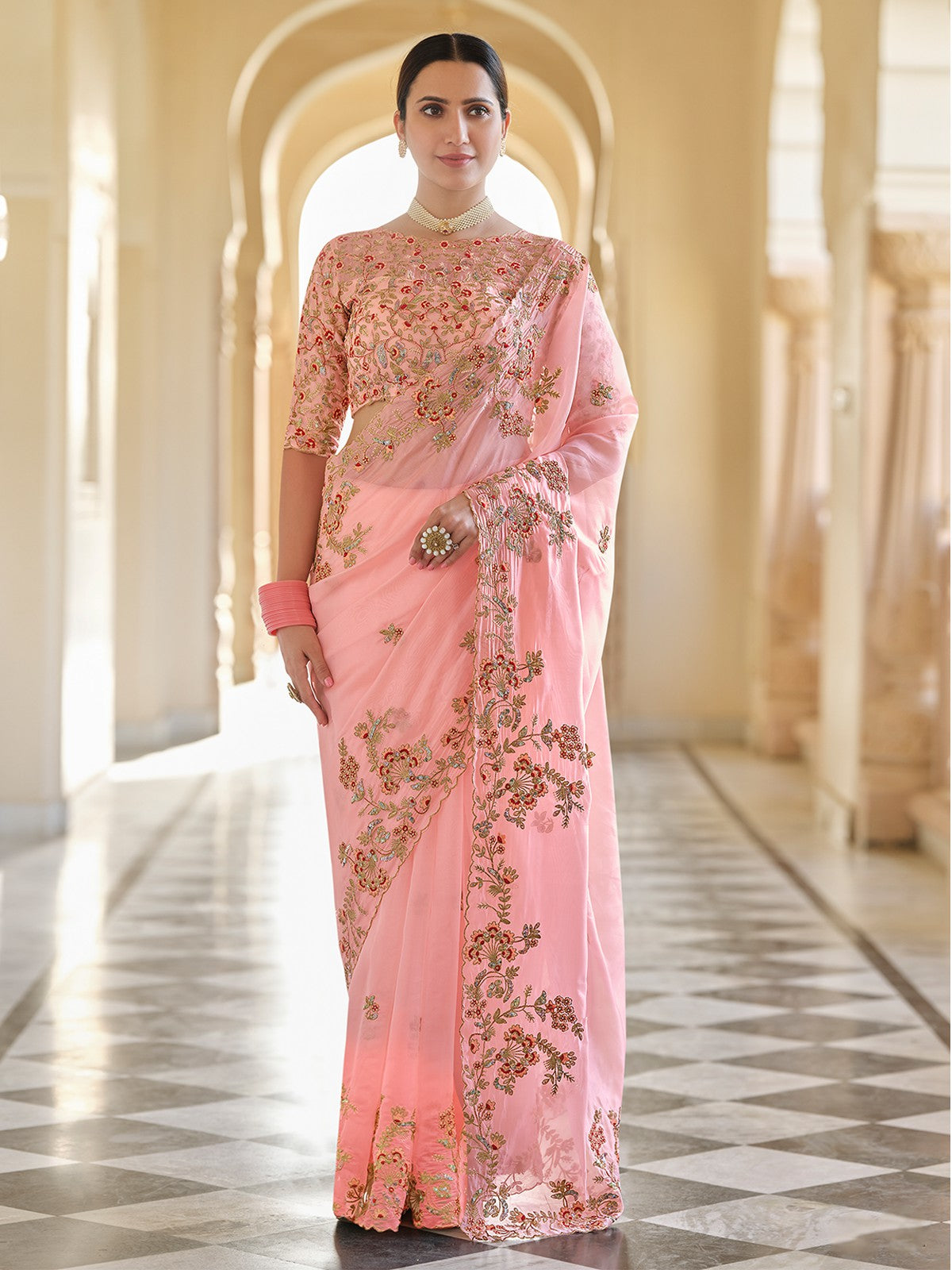 Peach Organza Embroidered Saree With Unstitched Blouse Clothsvilla Main image