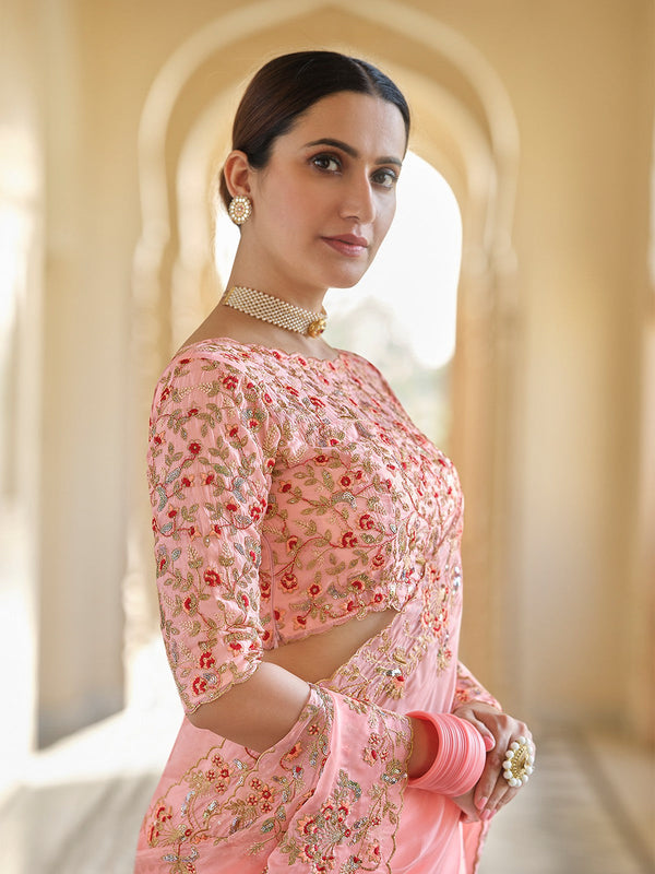 Peach Organza Embroidered Saree With Unstitched Blouse Clothsvilla