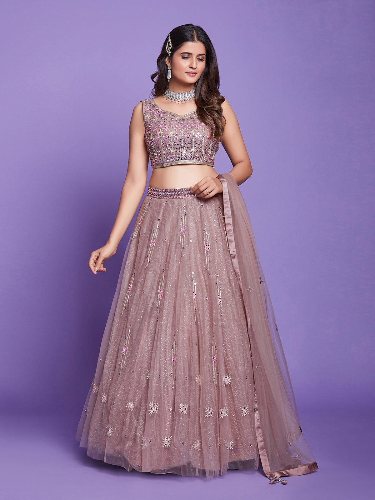 Light Brown Net Stitched Lehenga Choli Clothsvilla