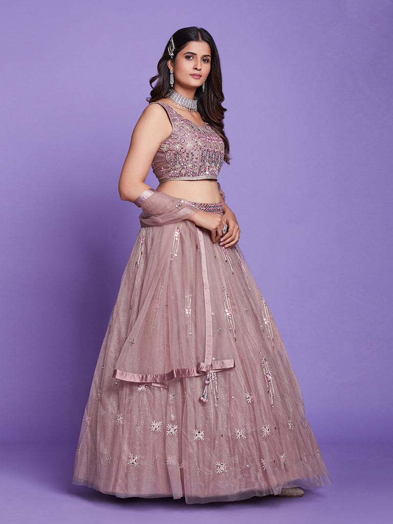 Light Brown Net Stitched Lehenga Choli Clothsvilla