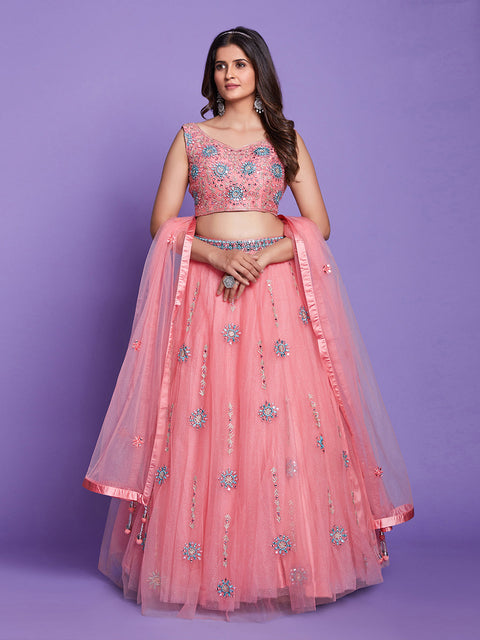 Peach Net  Stitched Lehenga Choli Clothsvilla Main image
