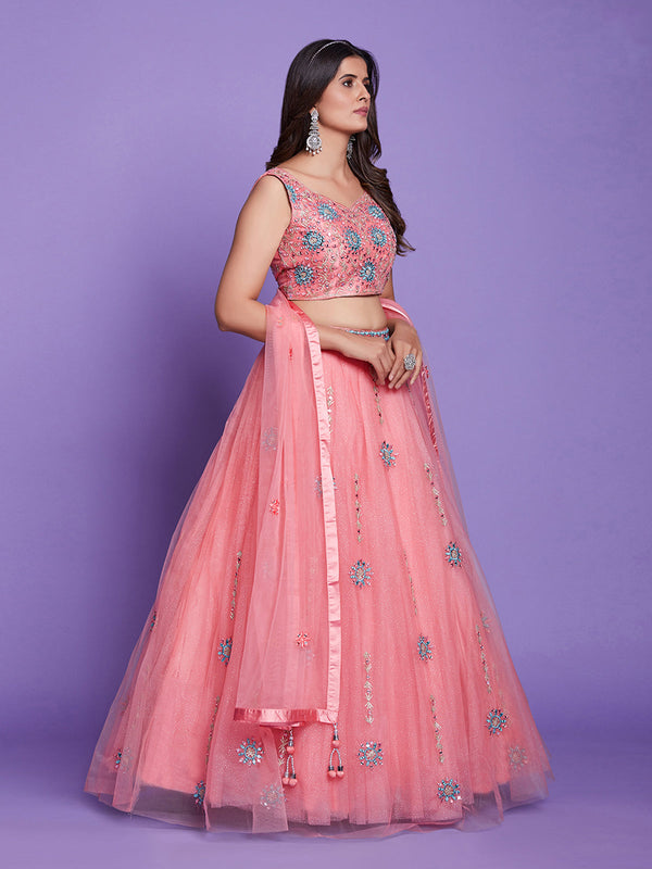 Peach Net  Stitched Lehenga Choli Clothsvilla