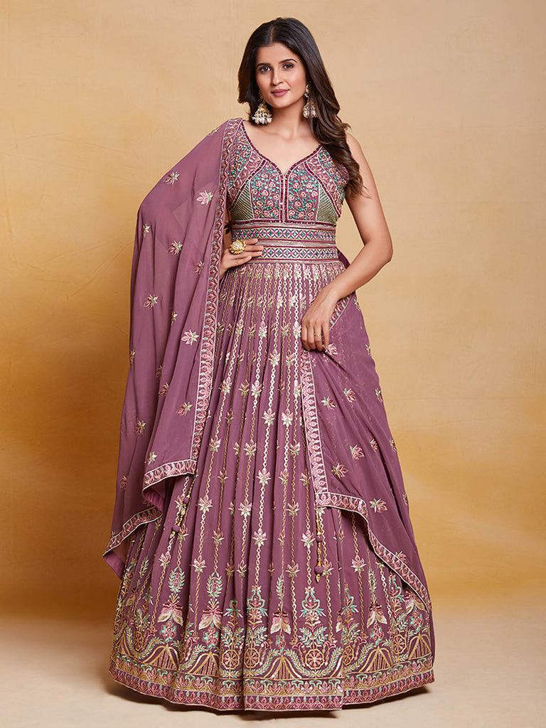 Lavender Georgette Embroidered Stitched Gown Clothsvilla