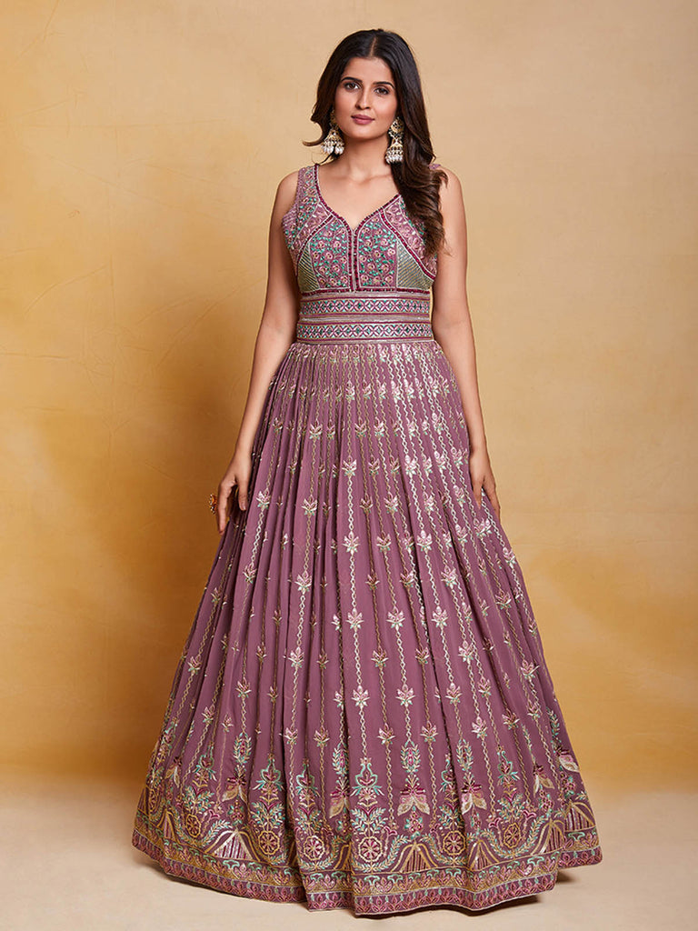 Lavender Georgette Embroidered Stitched Gown Clothsvilla