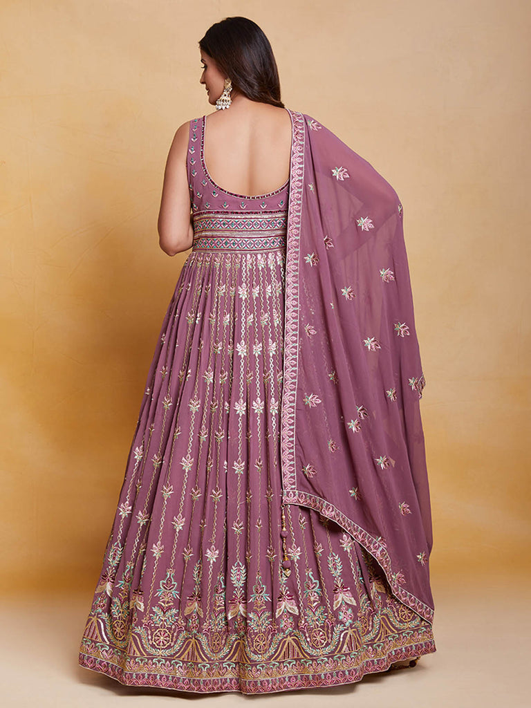 Lavender Georgette Embroidered Stitched Gown Clothsvilla