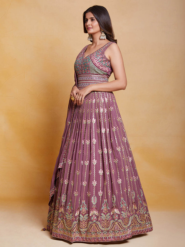 Lavender Georgette Embroidered Stitched Gown Clothsvilla