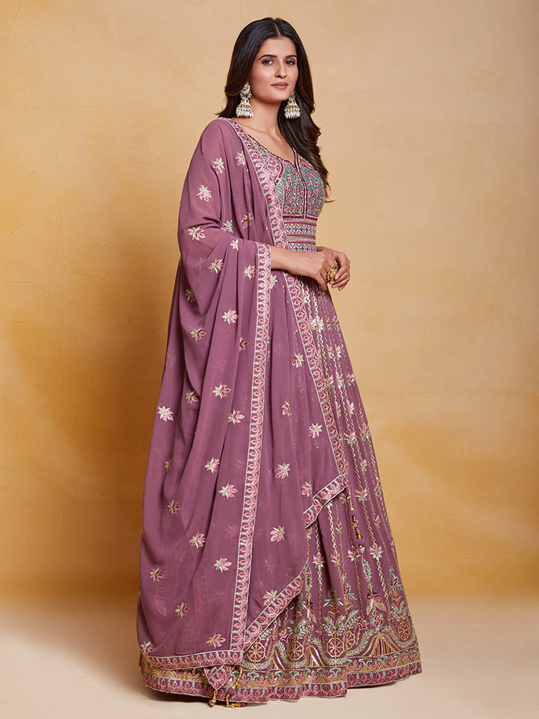 Lavender Georgette Embroidered Stitched Gown Clothsvilla