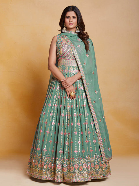 Sea Green Georgette Embroidered Stitched Gown Clothsvilla Main image