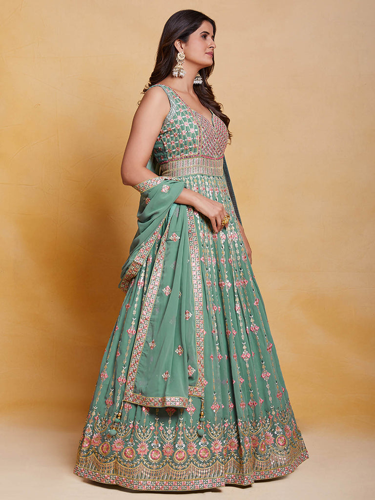 Sea Green Georgette Embroidered Stitched Gown Clothsvilla