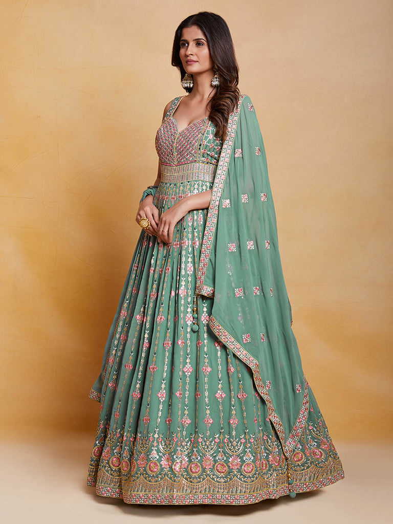 Sea Green Georgette Embroidered Stitched Gown Clothsvilla