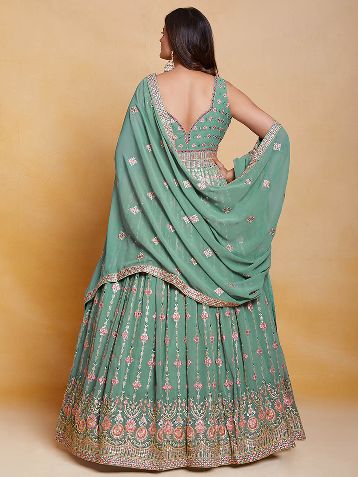 Sea Green Georgette Embroidered Stitched Gown Clothsvilla