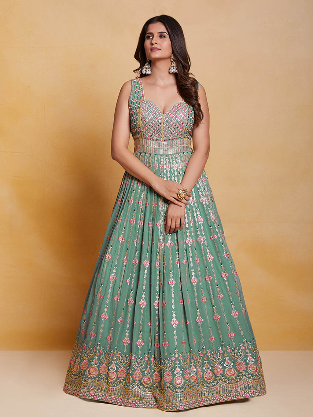 Sea Green Georgette Embroidered Stitched Gown Clothsvilla