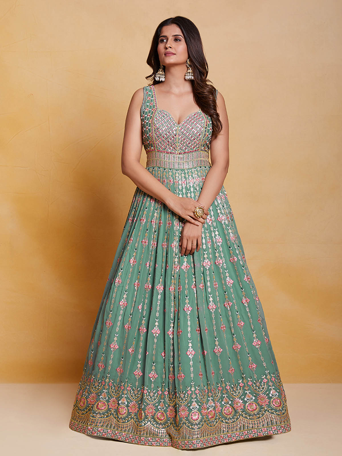 Sea Green Georgette Embroidered Stitched Gown Clothsvilla