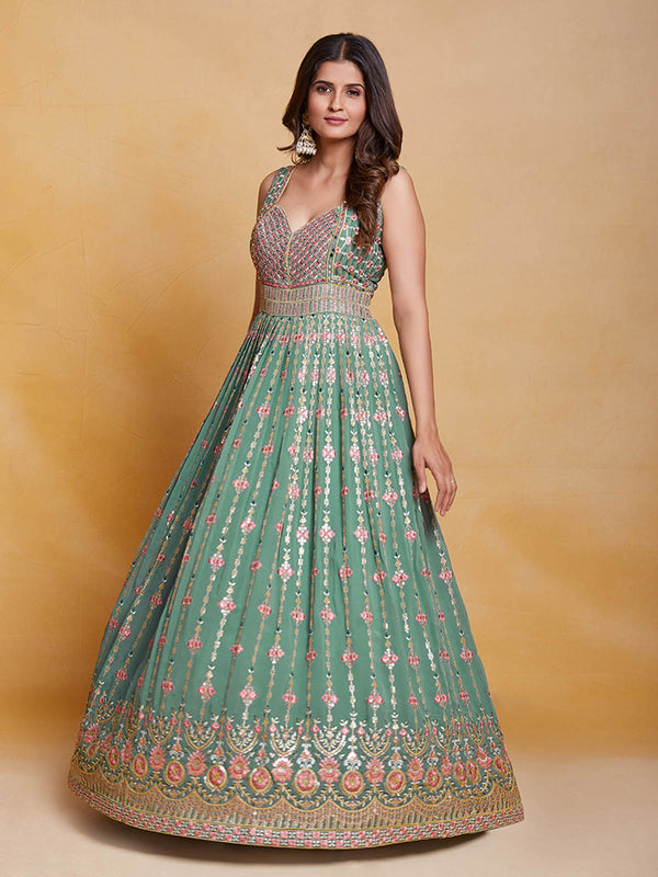 Sea Green Georgette Embroidered Stitched Gown Clothsvilla