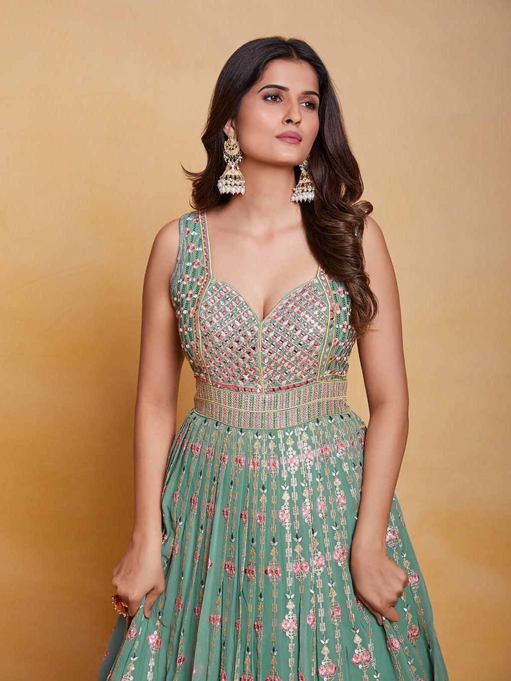 Sea Green Georgette Embroidered Stitched Gown Clothsvilla