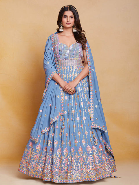 Blue Georgette Embroidered Stitched Gown Clothsvilla Main image