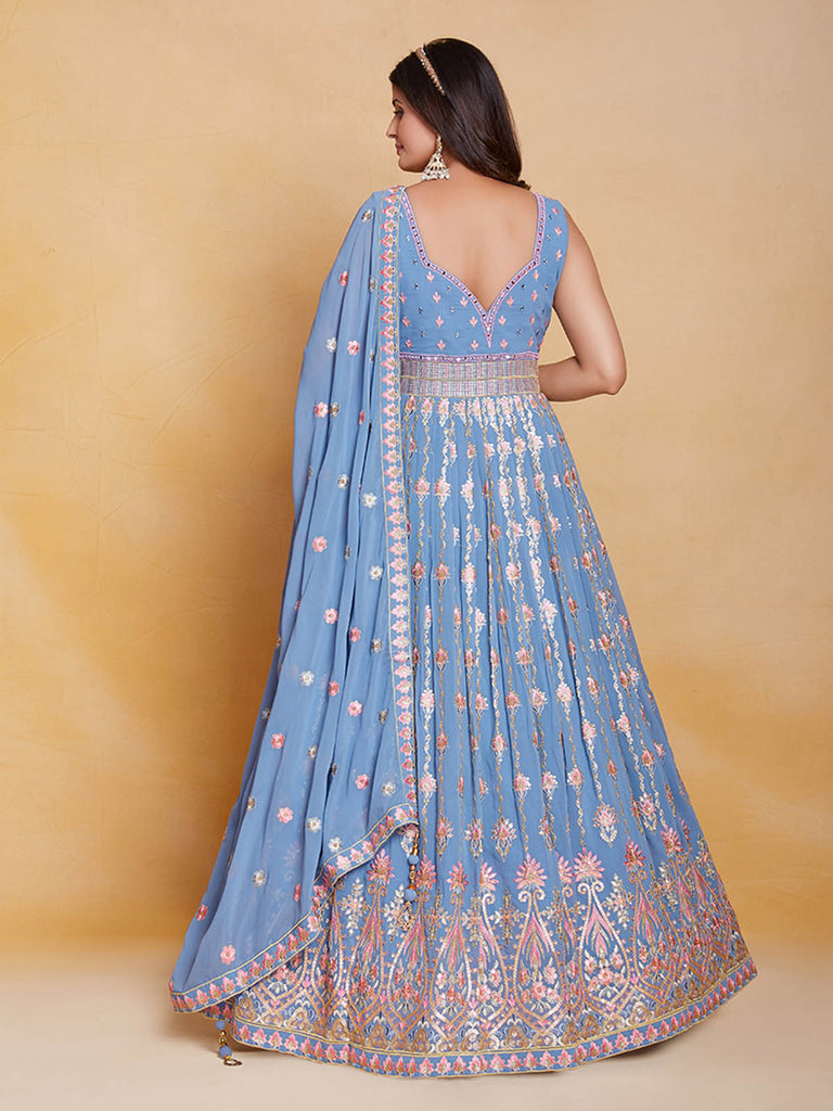 Blue Georgette Embroidered Stitched Gown Clothsvilla