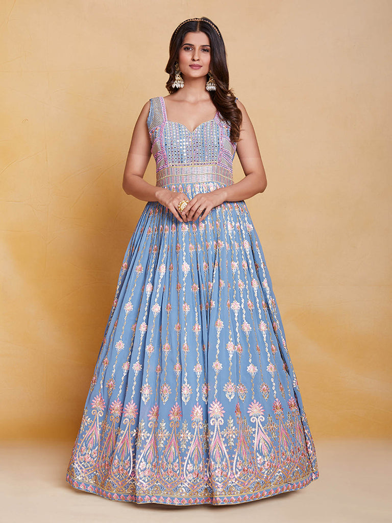Blue Georgette Embroidered Stitched Gown Clothsvilla