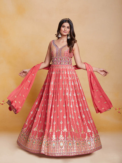Orange Georgette Embroidered Stitched Gown Clothsvilla Main image