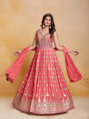 Orange Georgette Embroidered Stitched Gown Clothsvilla