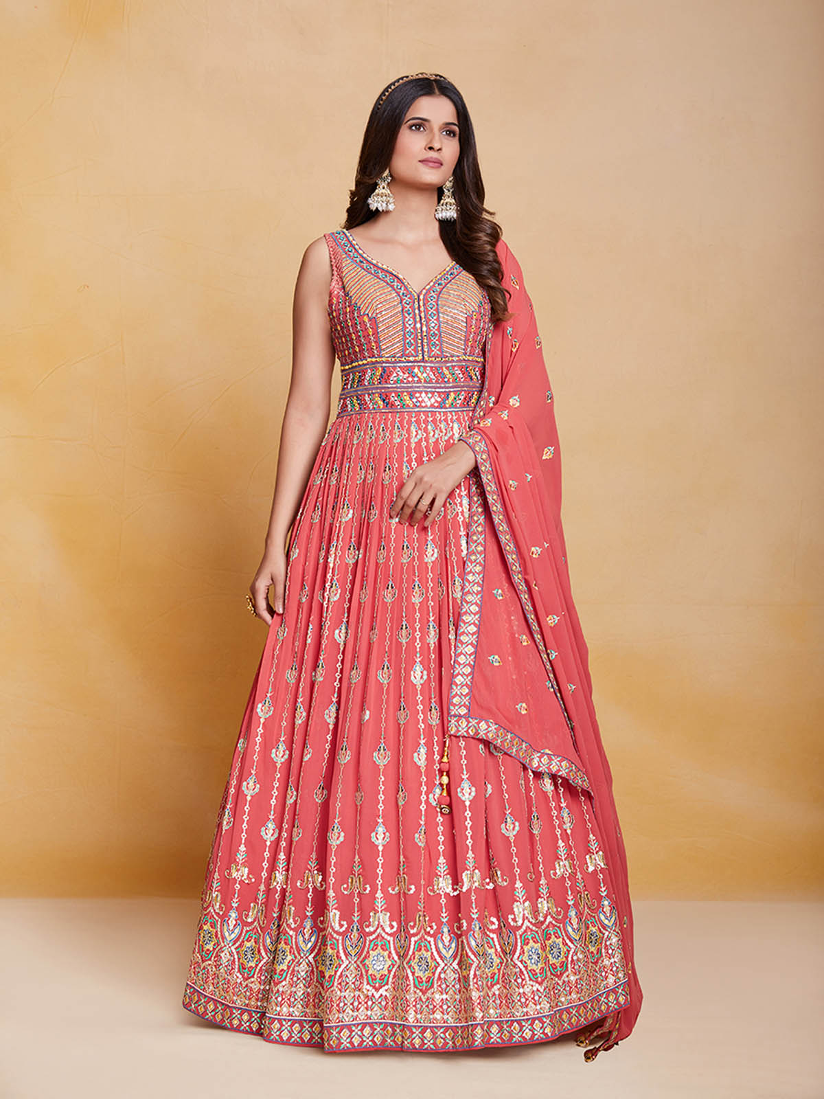 Orange Georgette Embroidered Stitched Gown Clothsvilla