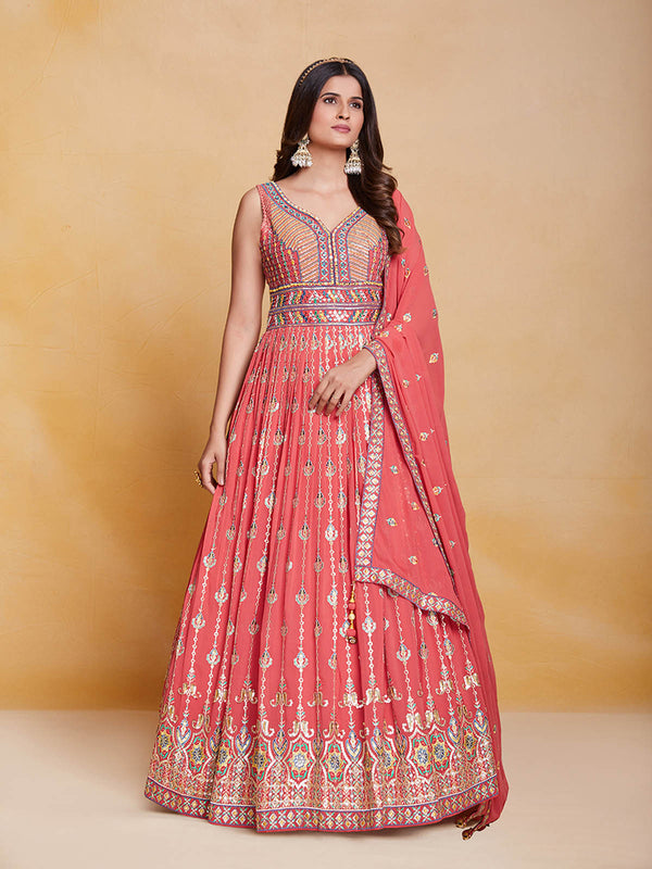 Orange Georgette Embroidered Stitched Gown Clothsvilla