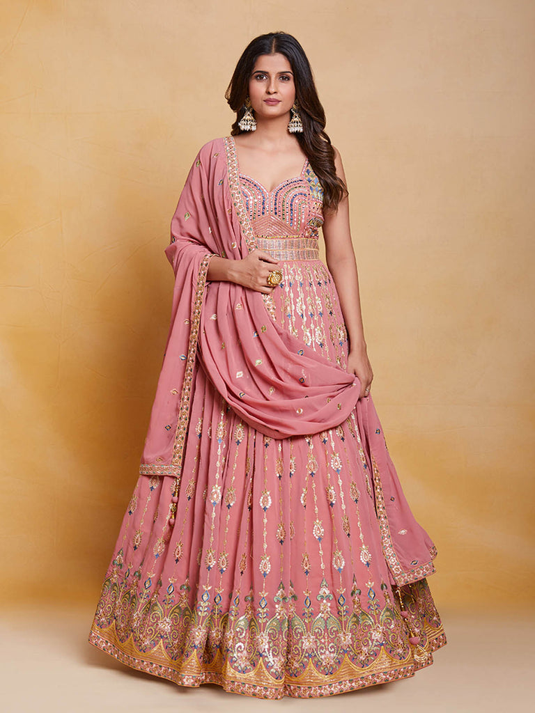 Pink Georgette Embroidered Stitched Gown Clothsvilla