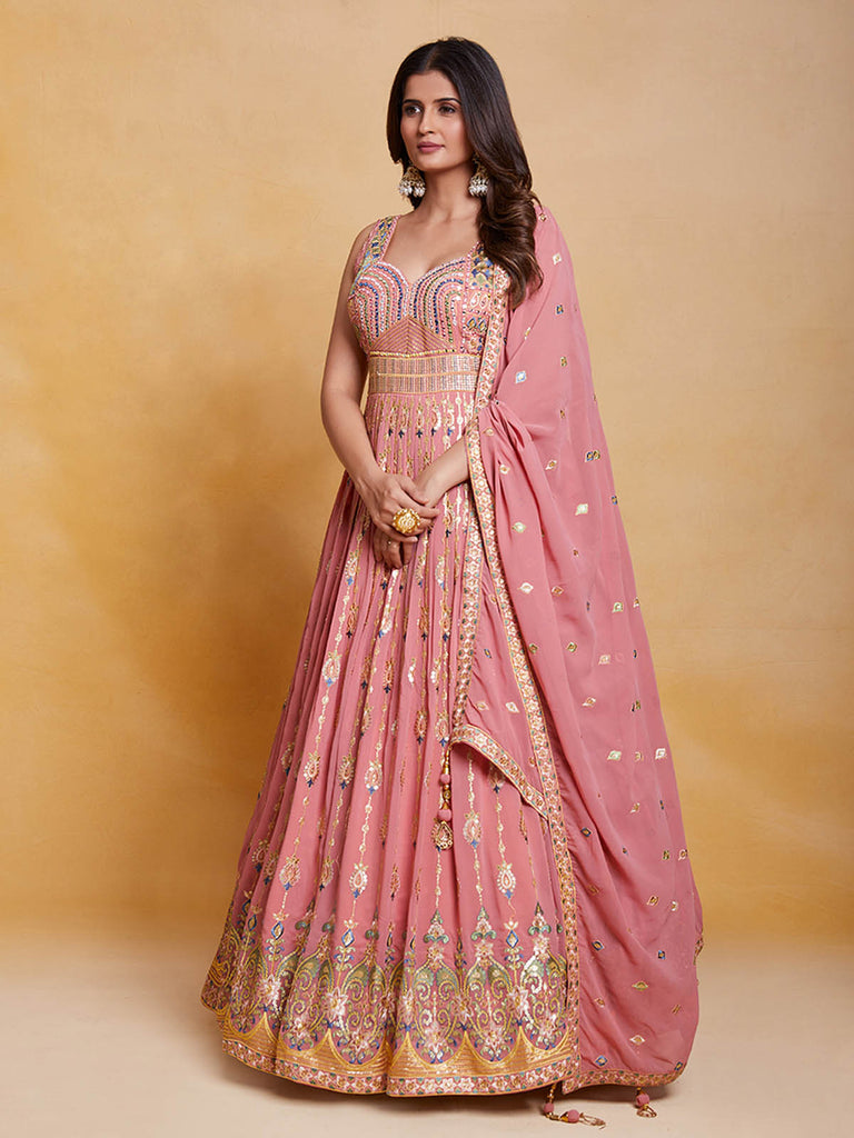 Pink Georgette Embroidered Stitched Gown Clothsvilla