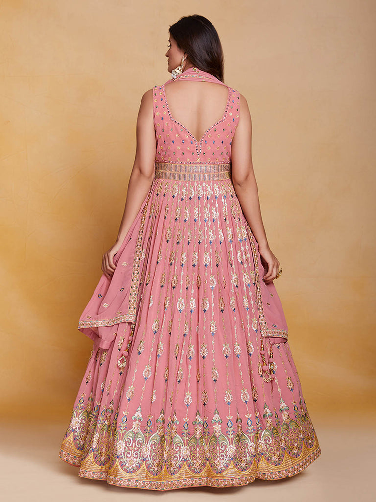 Pink Georgette Embroidered Stitched Gown Clothsvilla