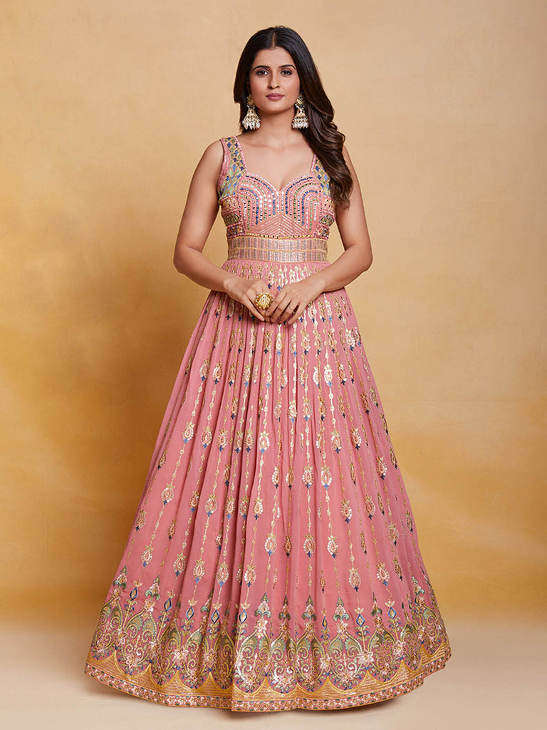 Pink Georgette Embroidered Stitched Gown Clothsvilla