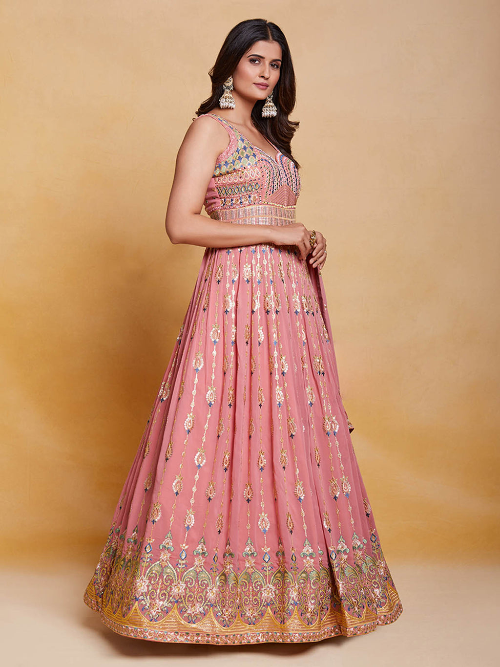 Pink Georgette Embroidered Stitched Gown Clothsvilla