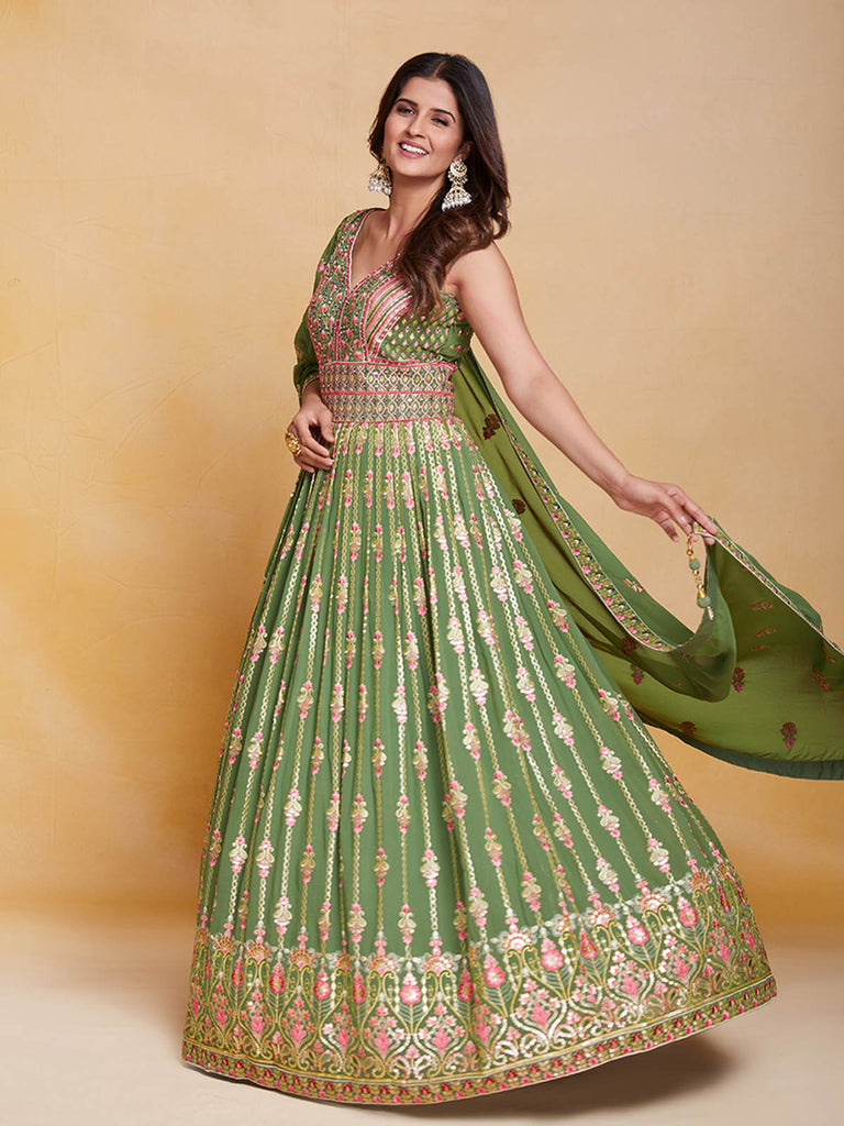 Green Georgette Embroidered Stitched Gown Clothsvilla