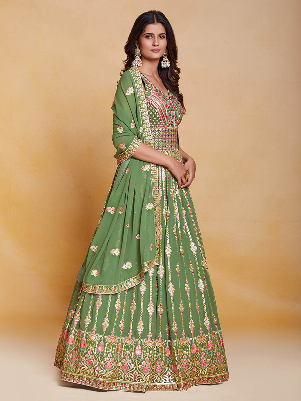 Green Georgette Embroidered Stitched Gown Clothsvilla