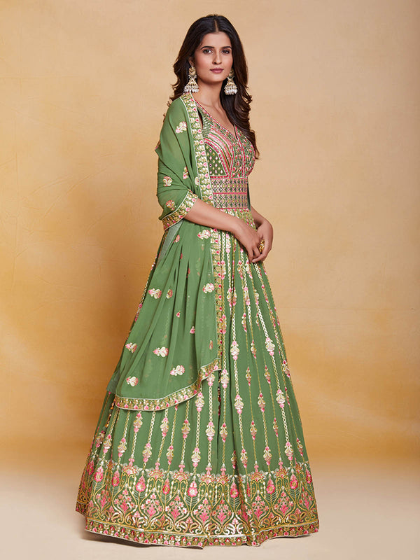 Green Georgette Embroidered Stitched Gown Clothsvilla