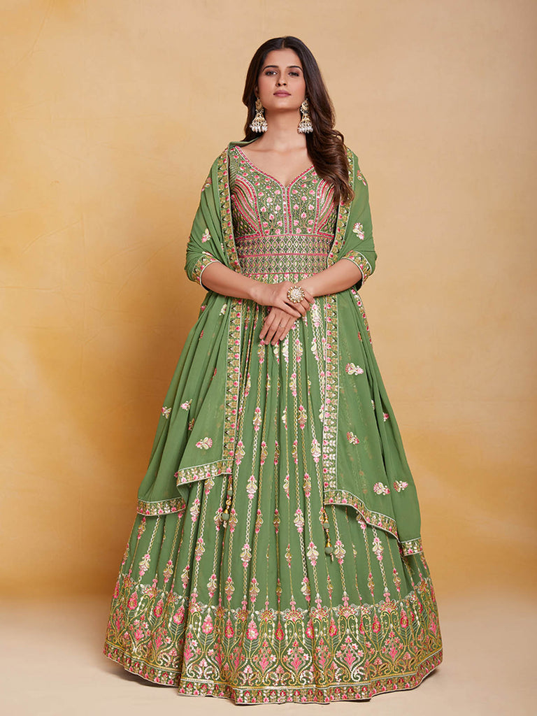 Green Georgette Embroidered Stitched Gown Clothsvilla