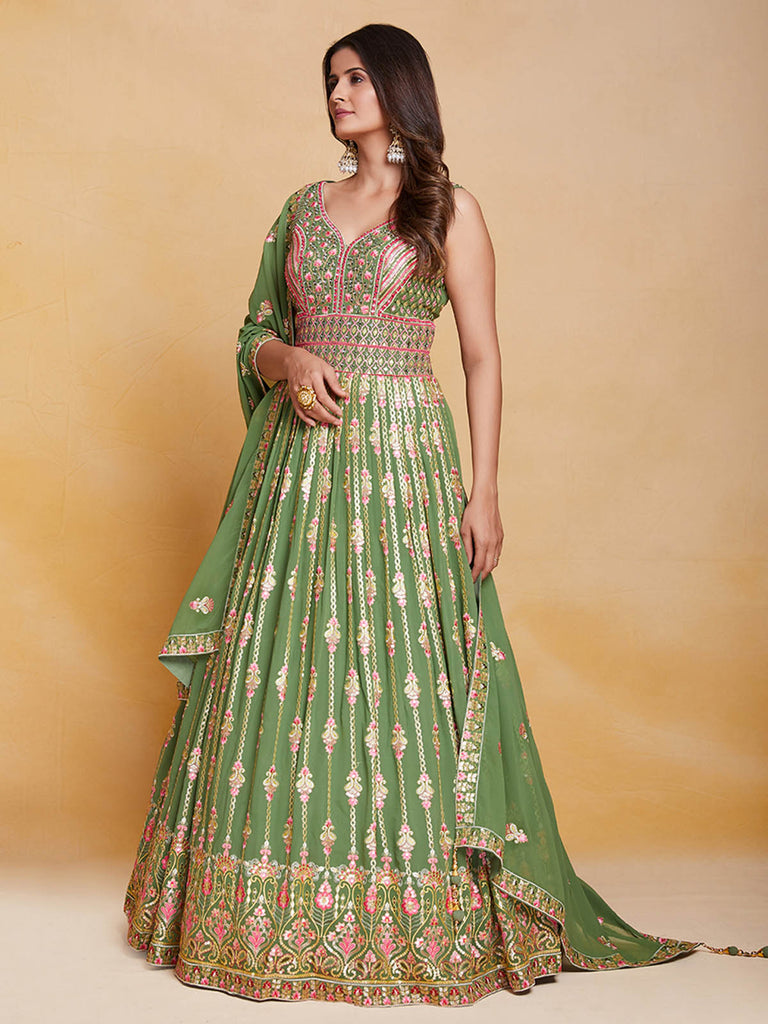 Green Georgette Embroidered Stitched Gown Clothsvilla