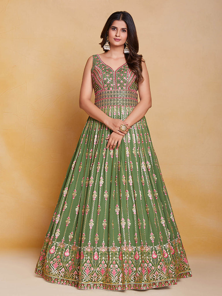 Green Georgette Embroidered Stitched Gown Clothsvilla