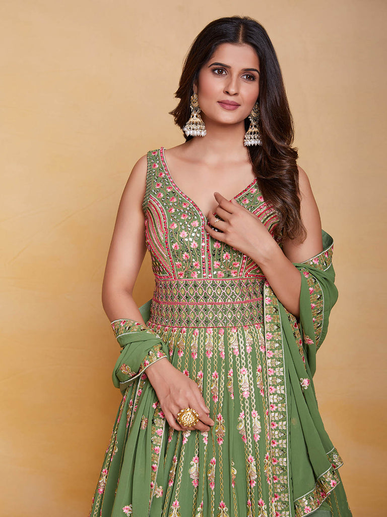 Green Georgette Embroidered Stitched Gown Clothsvilla