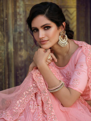 Pink Embroidered Soft Net Semi Stitched Lehenga With Unstitched Blouse Clothsvilla