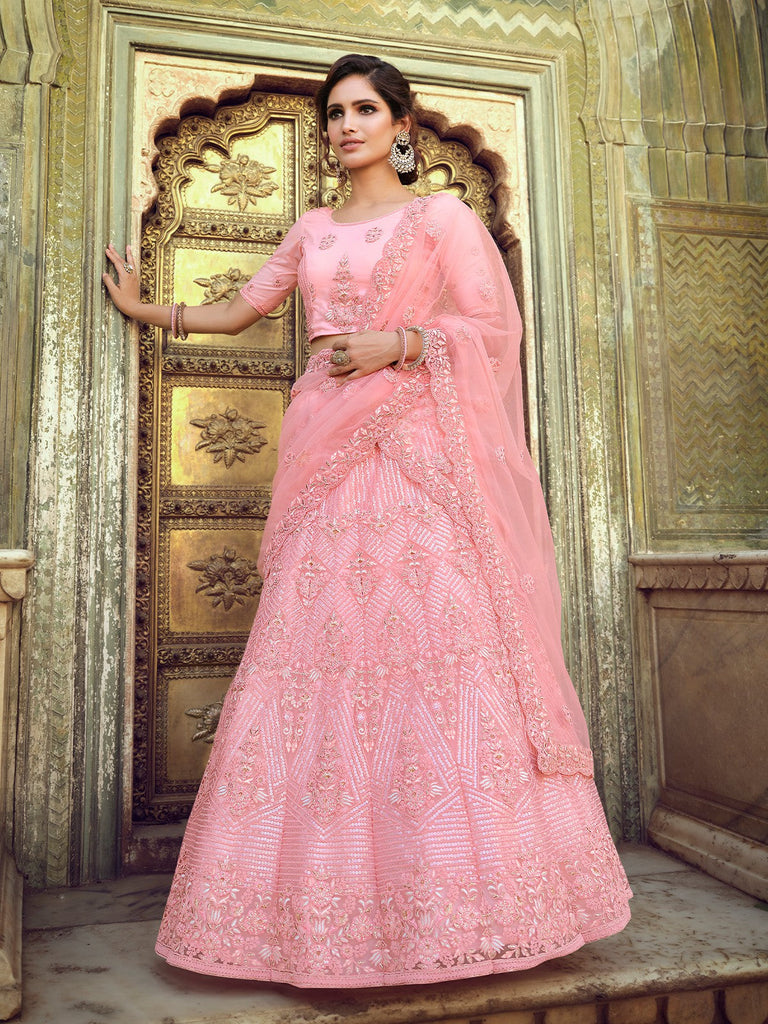 Pink Embroidered Soft Net Semi Stitched Lehenga With Unstitched Blouse Clothsvilla