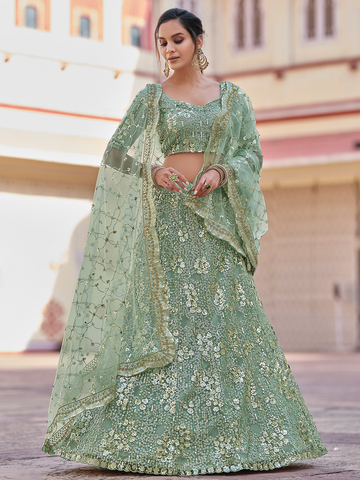 Green Embroidered Semi Stitched Lehenga With Unstitched Blouse Clothsvilla Main image